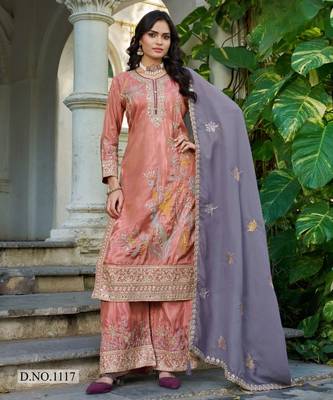 Peach shimmer free size stitched plazzo suit with codding dori & sequin  1