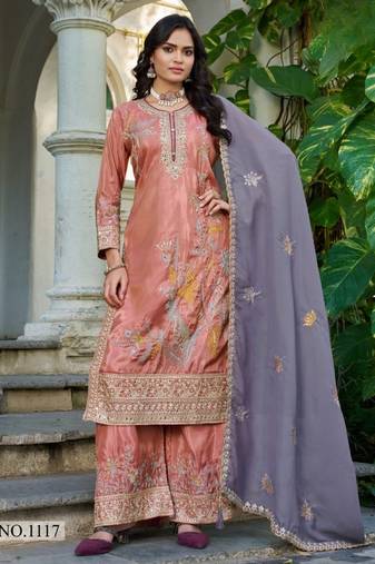 Peach shimmer free size stitched plazzo suit with codding dori & sequence work