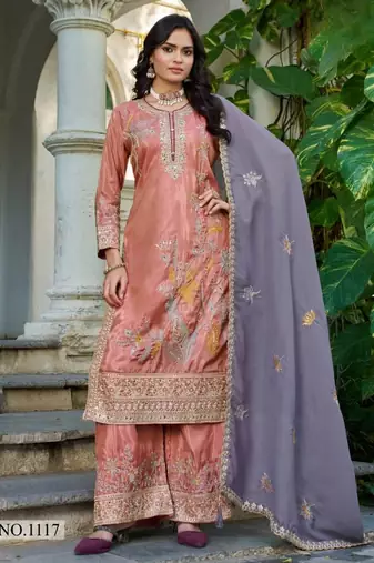 Peach shimmer free size stitched plazzo suit with codding dori & sequence work
