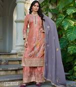 Peach shimmer free size stitched plazzo suit with codding dori & sequence work