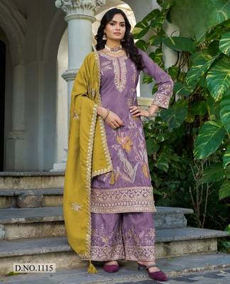 Purple shimmer free size stitched plazzo suit with codding dori & sequin  1
