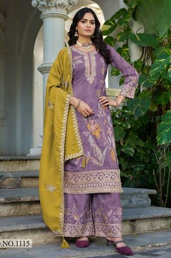 Purple shimmer free size stitched plazzo suit with codding dori & sequence work
