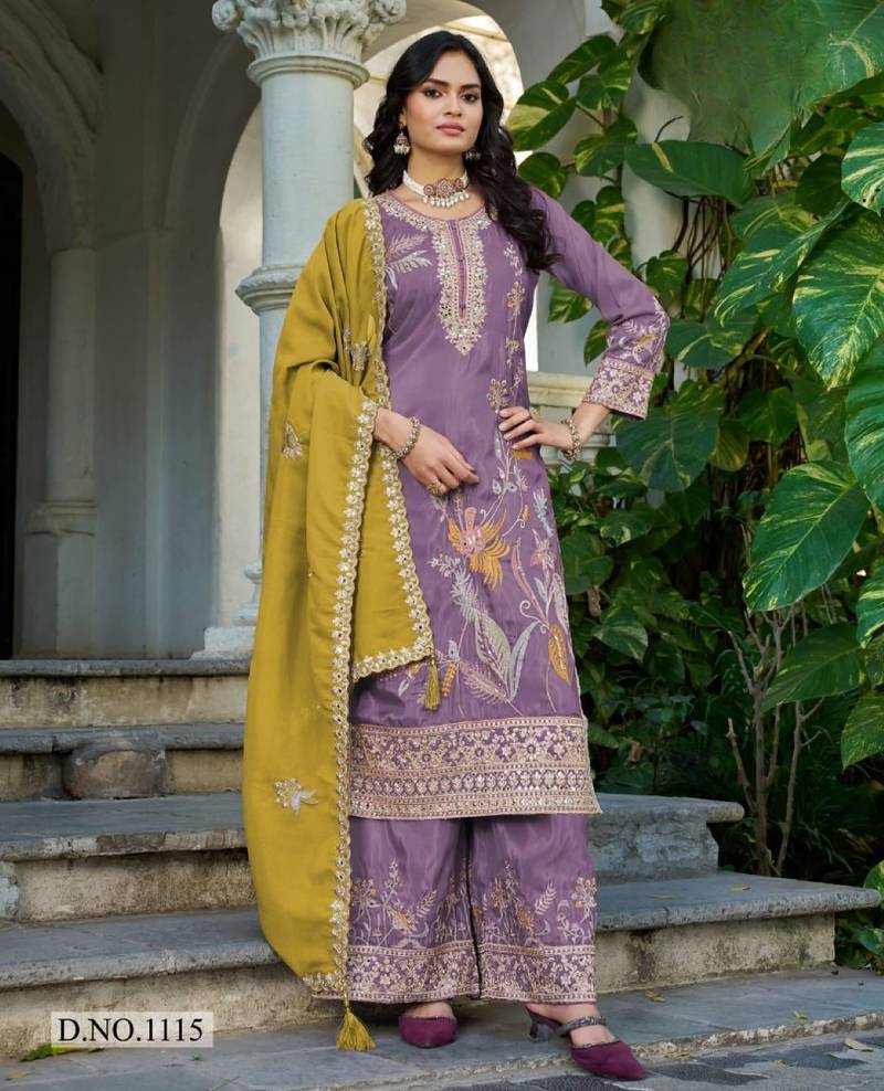 Purple shimmer free size stitched plazzo suit with codding dori & sequence work