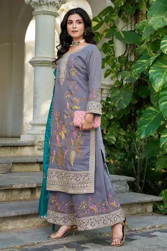 Grey shimmer free size stitched plazzo suit with codding dori & sequin 