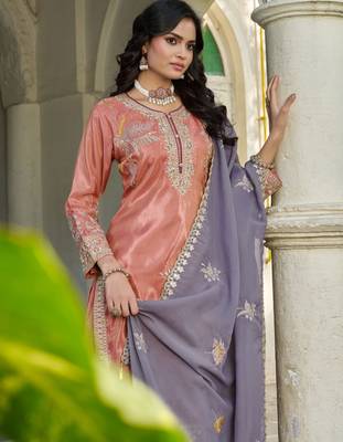Peach shimmer free size stitched plazzo suit with codding dori & sequin  2