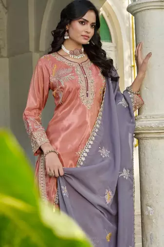 Peach shimmer free size stitched plazzo suit with codding dori & sequin 