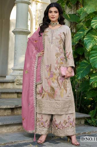 Cream shimmer free size stitched plazzo suit with codding dori & sequence work