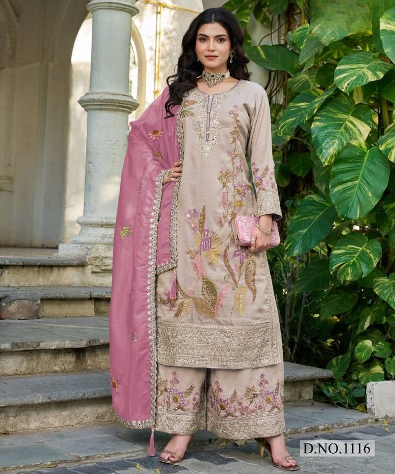 Cream shimmer free size stitched plazzo suit with codding dori & sequence work