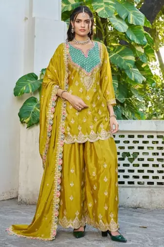 Mustard chinon free size stitched plazzo suit with dhaga & sequence work