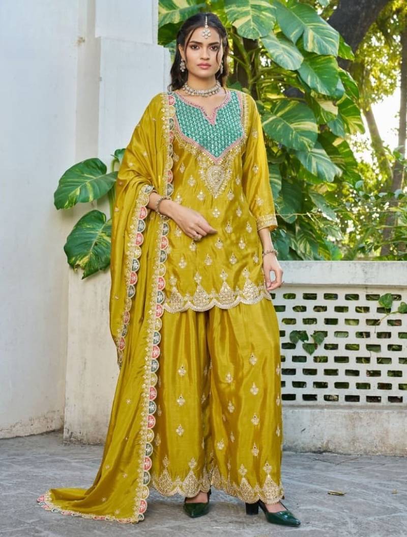 Mustard chinon free size stitched plazzo suit with dhaga & sequence work