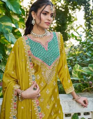 Mustard chinon free size stitched plazzo suit with dhaga & sequin  2