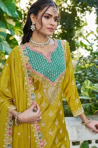 Mustard chinon free size stitched plazzo suit with dhaga & sequin 