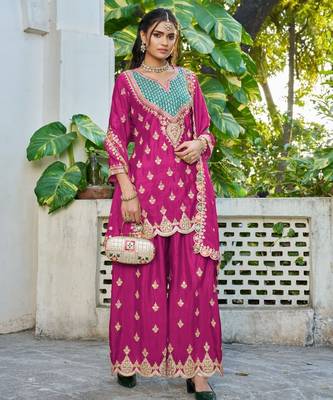 Hot pink chinon free size stitched plazzo suit with dhaga & sequin  1