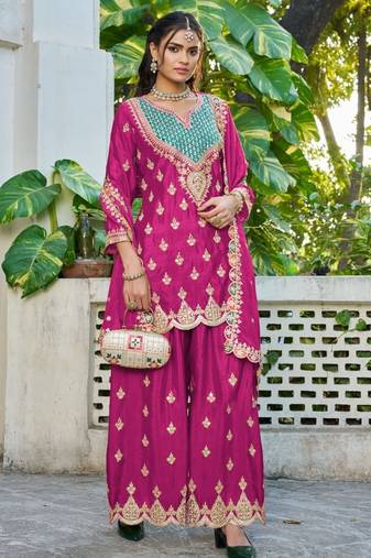 Hot pink chinon free size stitched plazzo suit with dhaga & sequence work