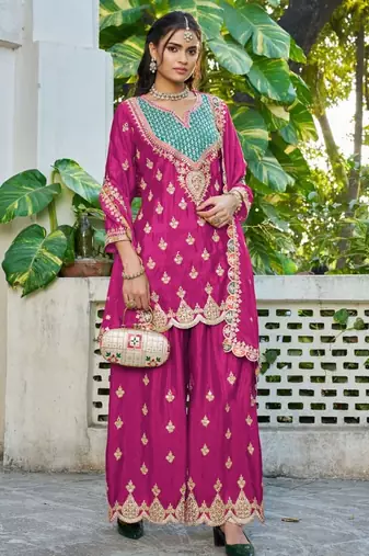 Hot pink chinon free size stitched plazzo suit with dhaga & sequence work