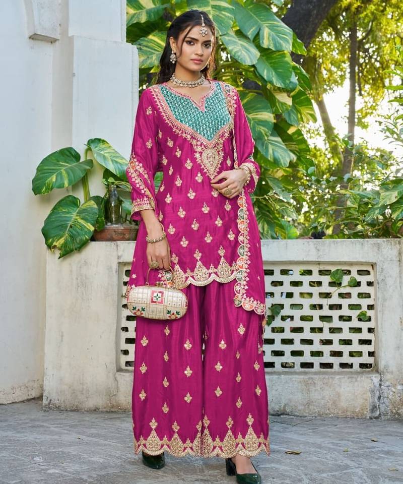 Hot pink chinon free size stitched plazzo suit with dhaga & sequence work
