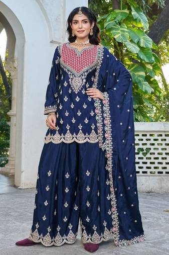 Navy chinon free size stitched plazzo suit with dhaga & sequence work