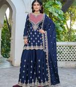 Navy chinon free size stitched plazzo suit with dhaga & sequence work