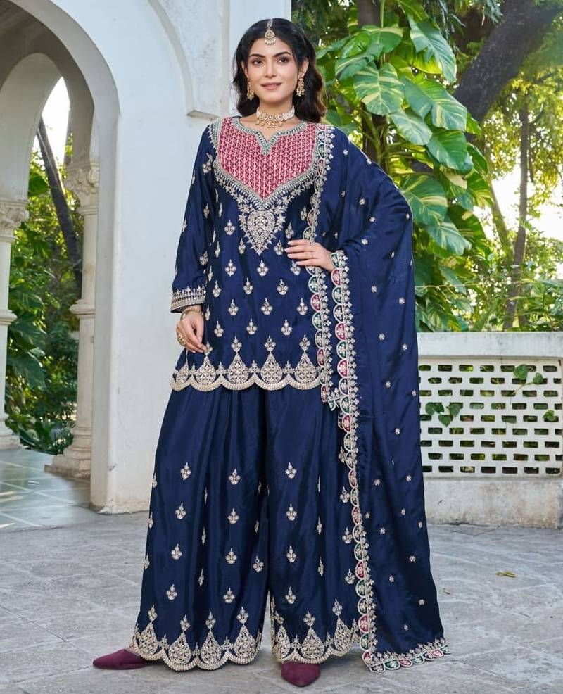 Navy chinon free size stitched plazzo suit with dhaga & sequence work