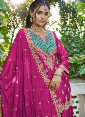 Hot pink chinon free size stitched plazzo suit with dhaga & sequin  2