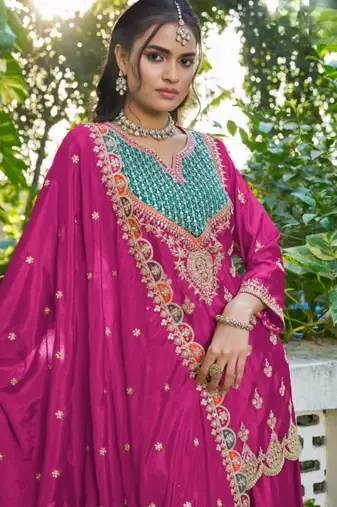 Hot pink chinon free size stitched plazzo suit with dhaga & sequin 