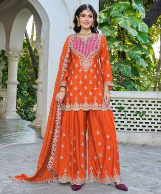 Orange chinon free size stitched plazzo suit with dhaga & sequin  1
