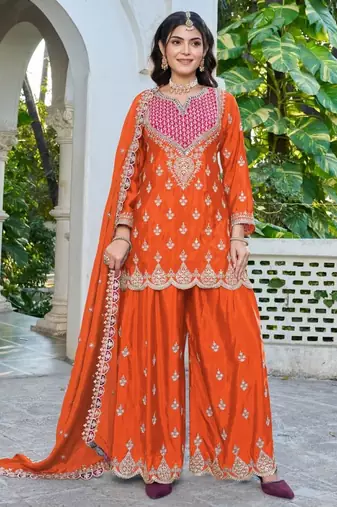 Orange chinon free size stitched plazzo suit with dhaga & sequence work
