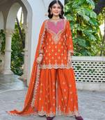 Orange chinon free size stitched plazzo suit with dhaga & sequence work
