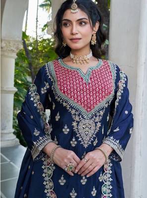 Navy chinon free size stitched plazzo suit with dhaga & sequin  2
