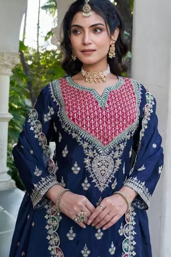 Navy chinon free size stitched plazzo suit with dhaga & sequin 