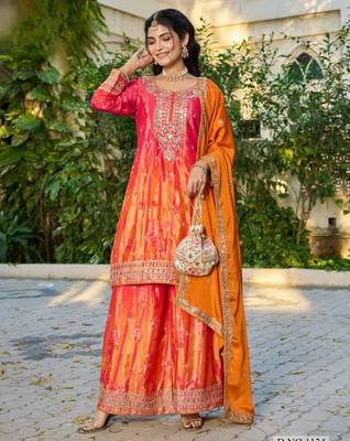Orange chinon free size stitched plazzo suit with digital printed & hand  1