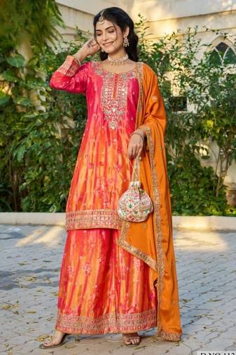 Orange chinon free size stitched plazzo suit with digital printed & hand work