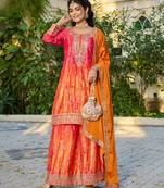 Orange chinon free size stitched plazzo suit with digital printed & hand work