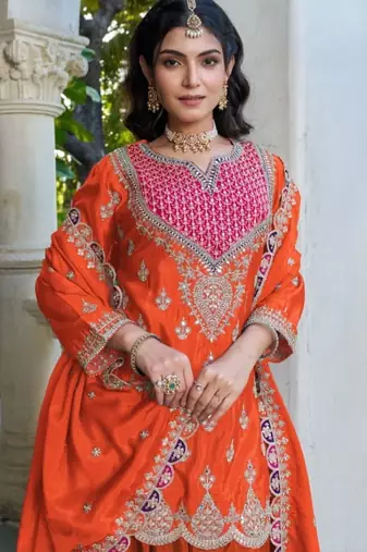 Orange chinon free size stitched plazzo suit with dhaga & sequin 