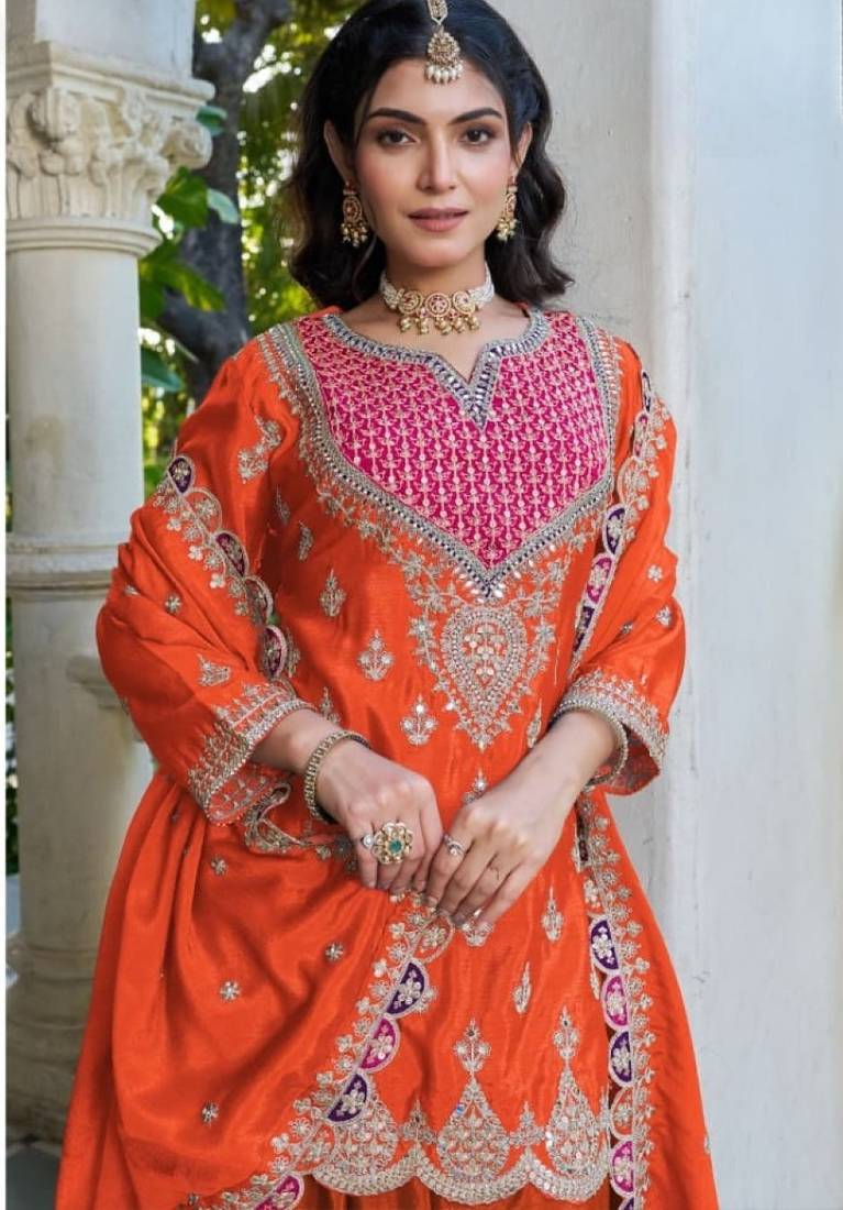Orange chinon free size stitched plazzo suit with dhaga & sequence work