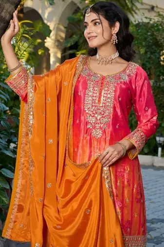 Orange chinon free size stitched plazzo suit with digital printed & hand 