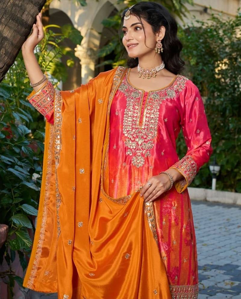 Orange chinon free size stitched plazzo suit with digital printed & hand work