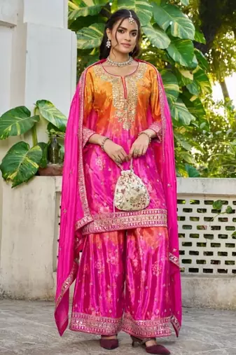 Hot pink chinon free size stitched plazzo suit with digital printed & hand work