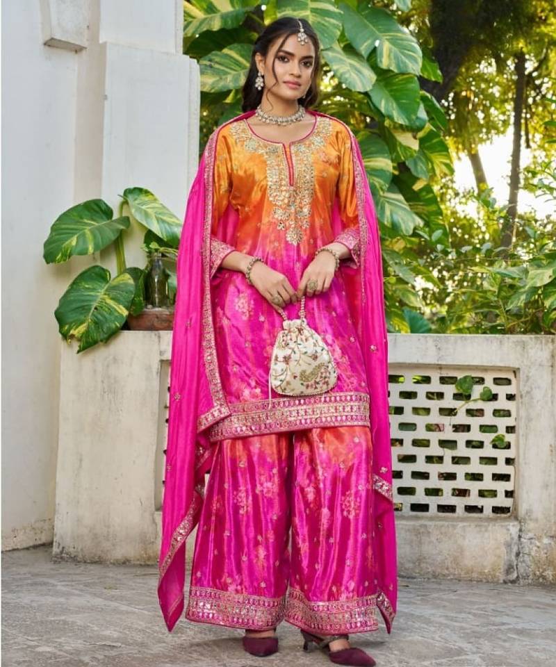 Hot pink chinon free size stitched plazzo suit with digital printed & hand work