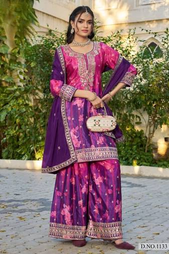 Purple chinon free size stitched plazzo suit with digital printed & hand work
