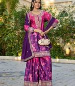 Purple chinon free size stitched plazzo suit with digital printed & hand work