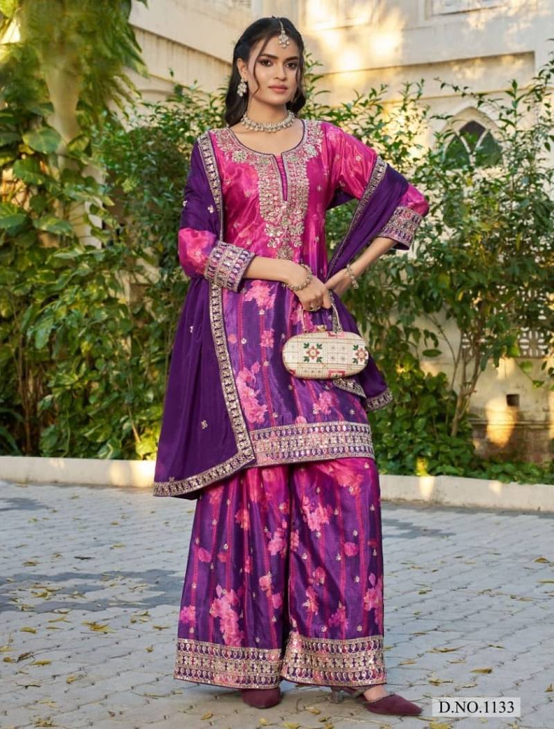 Purple chinon free size stitched plazzo suit with digital printed & hand work
