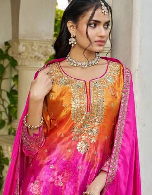 Hot pink chinon free size stitched plazzo suit with digital printed & hand  2