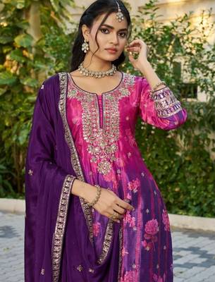 Purple chinon free size stitched plazzo suit with digital printed & hand  2