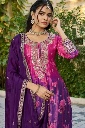Purple chinon free size stitched plazzo suit with digital printed & hand 