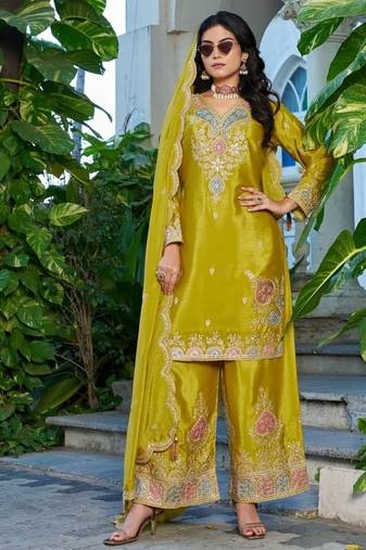 Mustard chinon free size stitched plazzo suit with dhaga & sequence work