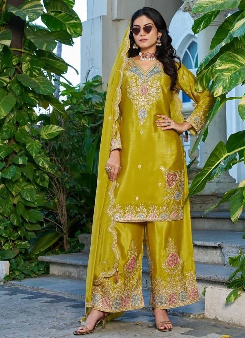 Mustard chinon free size stitched plazzo suit with dhaga & sequence work