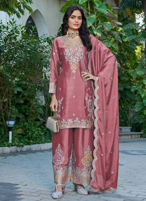 Peach chinon free size stitched plazzo suit with dhaga & sequin  1