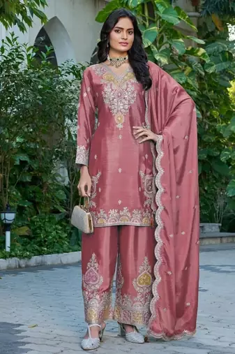 Peach chinon free size stitched plazzo suit with dhaga & sequence work