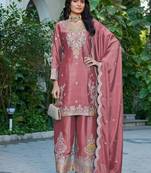 Peach chinon free size stitched plazzo suit with dhaga & sequence work